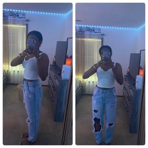 Light wash blue boyfriend jeans.